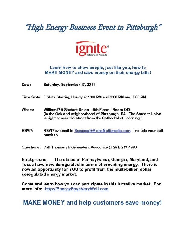 You’re Invited to a High Energy Business Event in Pittsburgh - Saturday, September 17, 2011 - William Pitt Student Union, Pittsburgh, PA