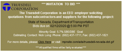 Truesdell Corporation State of Nevada (NV) Bid Opportunities for MBE/DBE Firms | Bids Due Date - 5pm PST on Wednesday, February, 2020| 