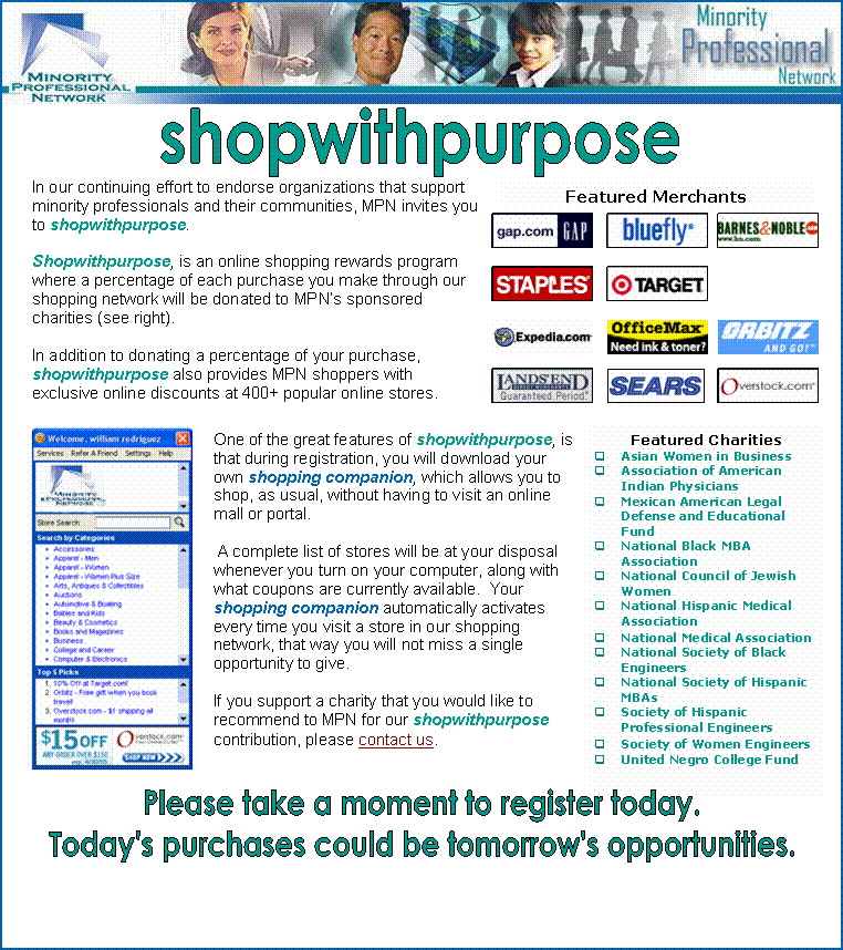 120x90 logo banner white,shopwithpurpose,Please take a moment to register today.
Today's purchases could be tomorrow's opportunities.